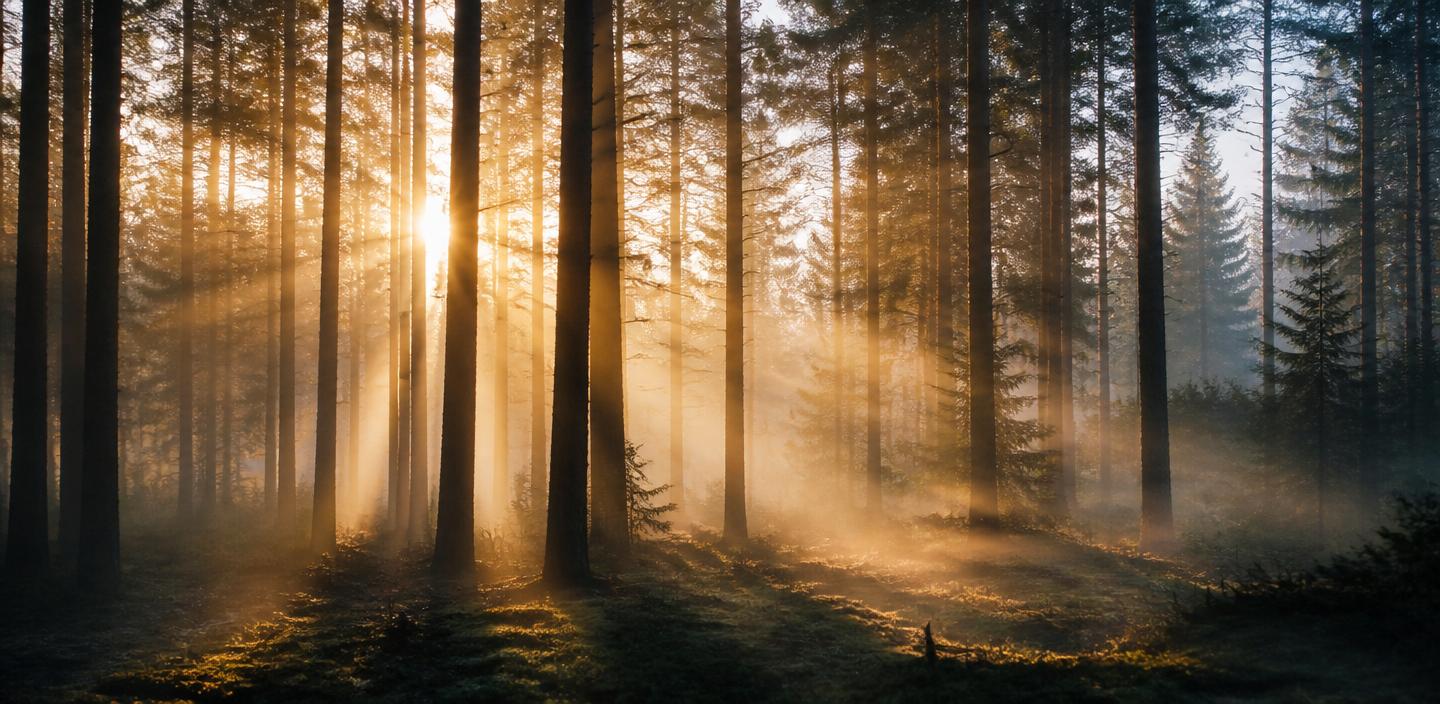 Atmospheric morning light filtering through a tall pine forest with soft mist